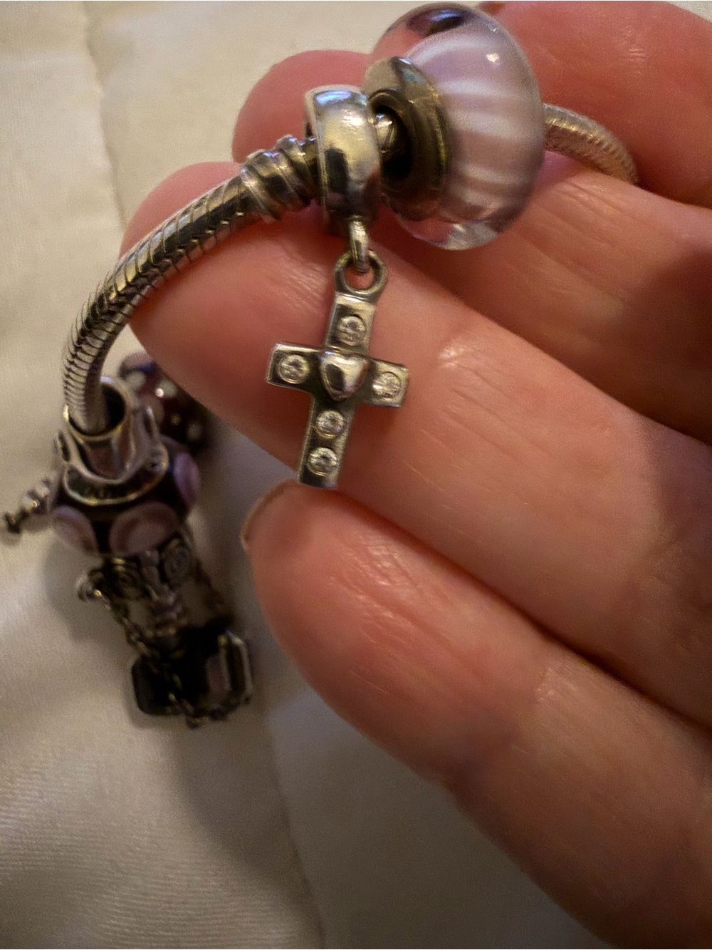 Pandora Sterling Silver Bracelet with Pink and Mauve Murano Glass and Charms - Picture 5 of 11